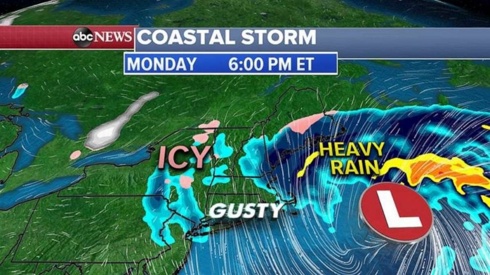 PHOTO: By this evening, the storm system will be off the Cape Cod coast continuing to bring an icy mix from New York to Maine and rain to lower elevations. 