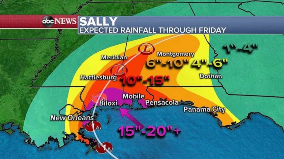 PHOTO: Flooding from rainfall is another major threat with Sally because of its slow motion and some areas could see 15 to 20 inches of rain in the next several days with locally some areas seeing even more than 20 inches. 