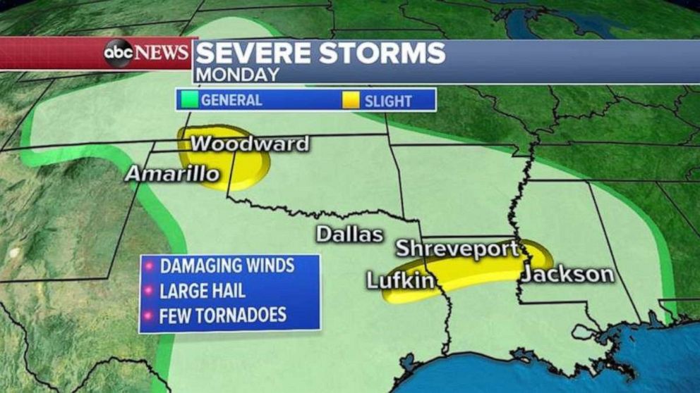 PHOTO: Later today, severe weather is expected from the Plains into the Gulf Coast states from Kansas to Mississippi where damaging winds and large hail will be the biggest threat. 