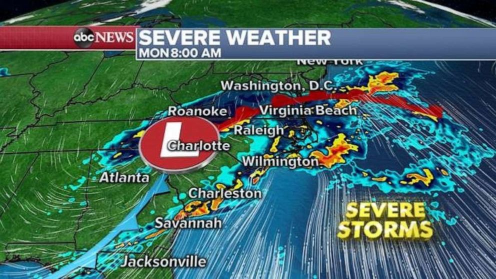 PHOTO: By early Monday morning, multiple lines of storms will push into the Carolinas where severe storms capable of more tornadoes, damaging winds, and large hail will be possible.  
