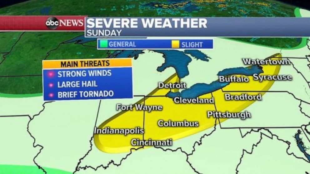 PHOTO: There is a “slight risk” for severe storms today from Indiana to upstate New York and the main threats here will be strong wind and potentially large hail, along with heavy downpours that may cause localized flooding.