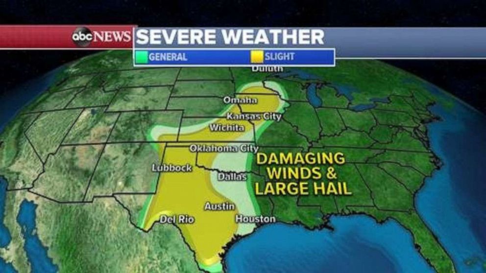 PHOTO: In addition to tornadoes, damaging straight line winds near 70 mph are possible with golf ball sized hail and flash flooding.