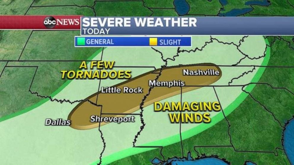 PHOTO: Another threat for this region today is severe weather and a slight risk of severe storms has been issued from just east of Dallas to southern Kentucky, including Shreveport, Little Rock, Memphis and Nashville.
