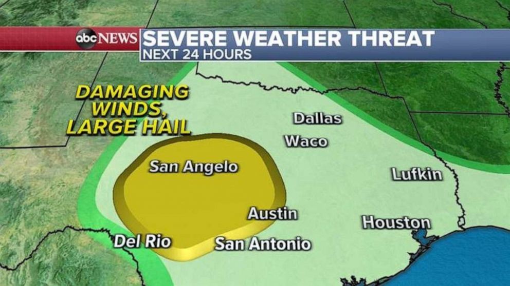 PHOTO: On Wednesday, severe weather will be mostly in Texas from Austin to San Angelo with the biggest threat for hail and damaging winds.
