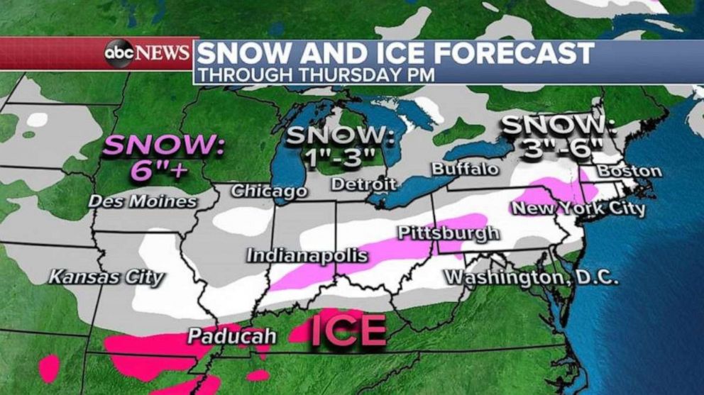 PHOTO: On Thursday morning, this latest round of snow and ice will arrive in the Northeast -- once again for the morning hours meaning dangerous road conditions are expected.  
