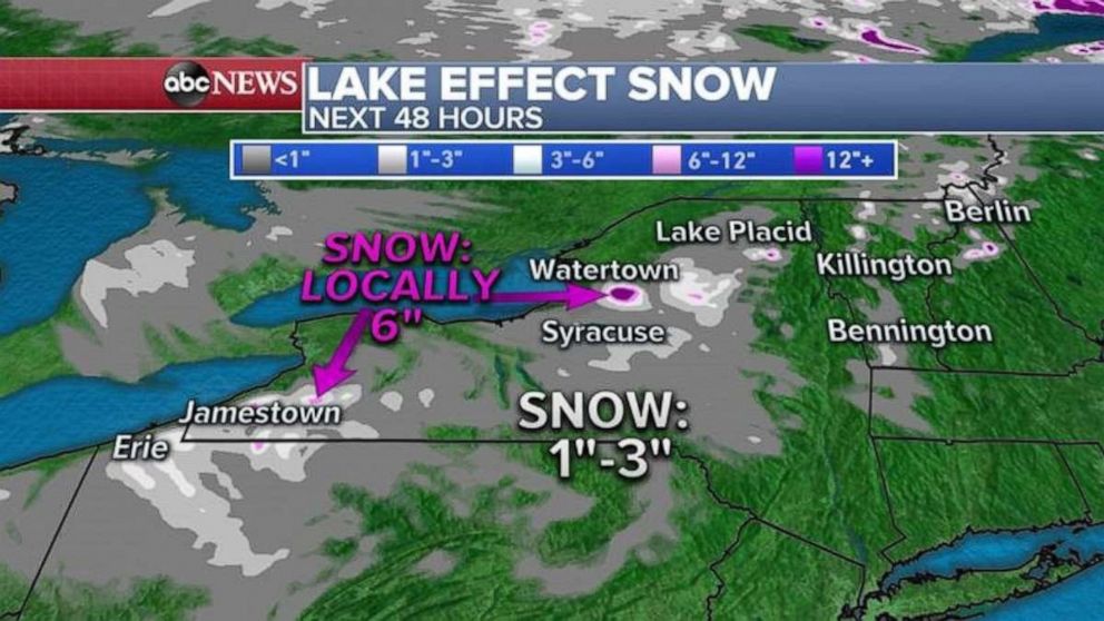 PHOTO: With the cold air moving over the relatively mild Great Lakes, lake effect snow is expected in western Pennsylvania and New York where locally half a foot of snow is possible over the next 48 hours.