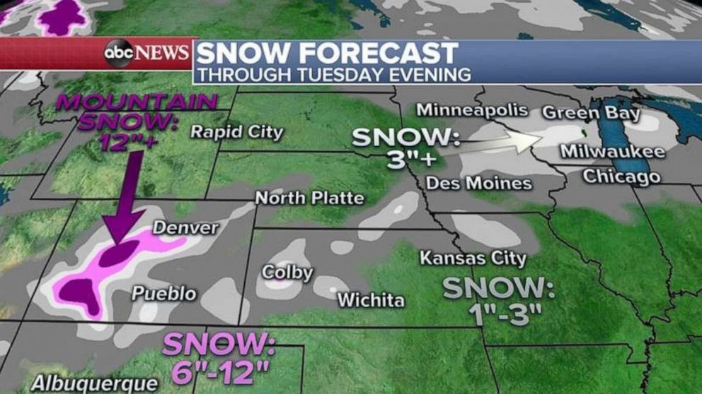 PHOTO: On the western side of this storm system, some heavy mountain snow of locally up 10 to 20 inches will be possible across parts of the Colorado Rockies.
