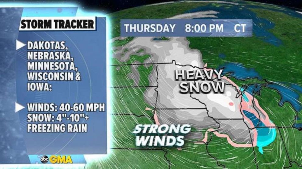 PHOTO: Additionally, winds could gust 40 to 60 mph causing blowing and drifting snow from the Dakotas down to Nebraska and Iowa.
