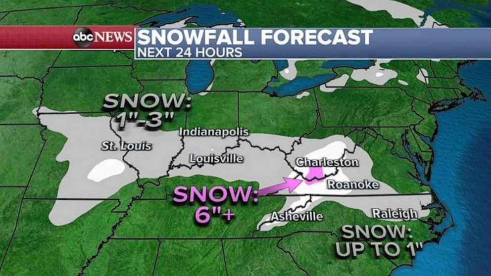 PHOTO: The snowfall totals include a general area of 1 to 3 inches of snow  forecast from Missouri to Virginia and North Carolina, but in the southern Appalachians up to a half a foot of snow could accumulate. 
