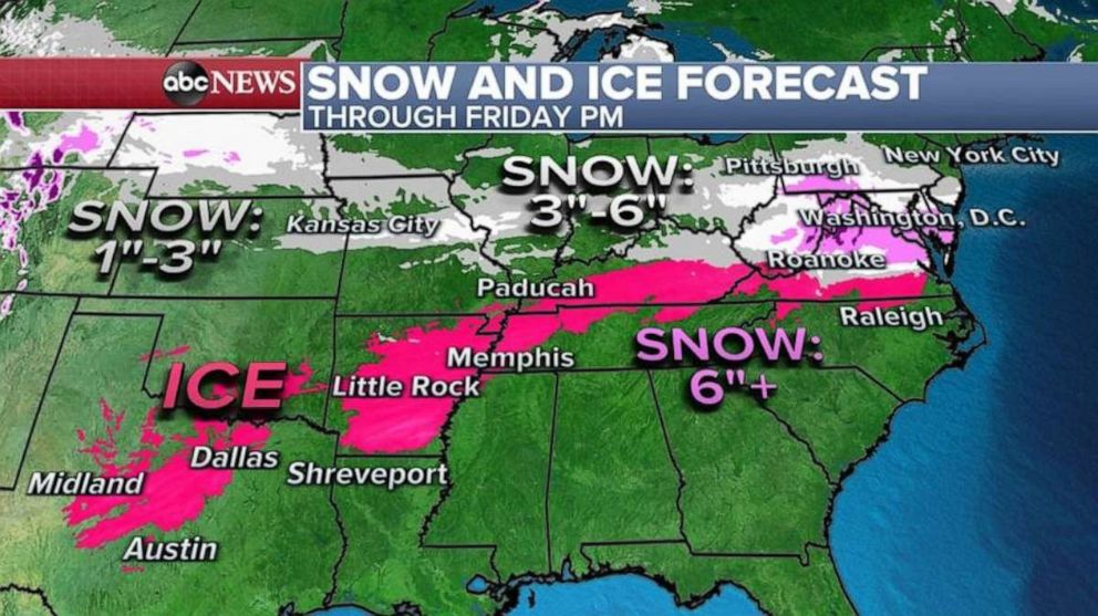 PHOTO: As the precipitation becomes all snow in the mid-Atlantic, it will accumulate locally over 6 inches of snow, especially in the higher elevations from Virginia to Pennsylvania with the heaviest snow for the mid-Atlantic coming on Friday. 
