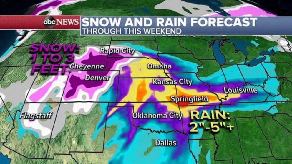 PHOTO: Up to 3 feet of snow is possible this weekend in Colorado and up to a half a foot of rain could fall in parts of Missouri.
