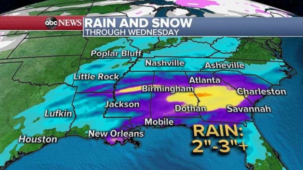 PHOTO: Two to three inches of rain is possible in the Southern U.S., especially in parts of Alabama and Georgia.