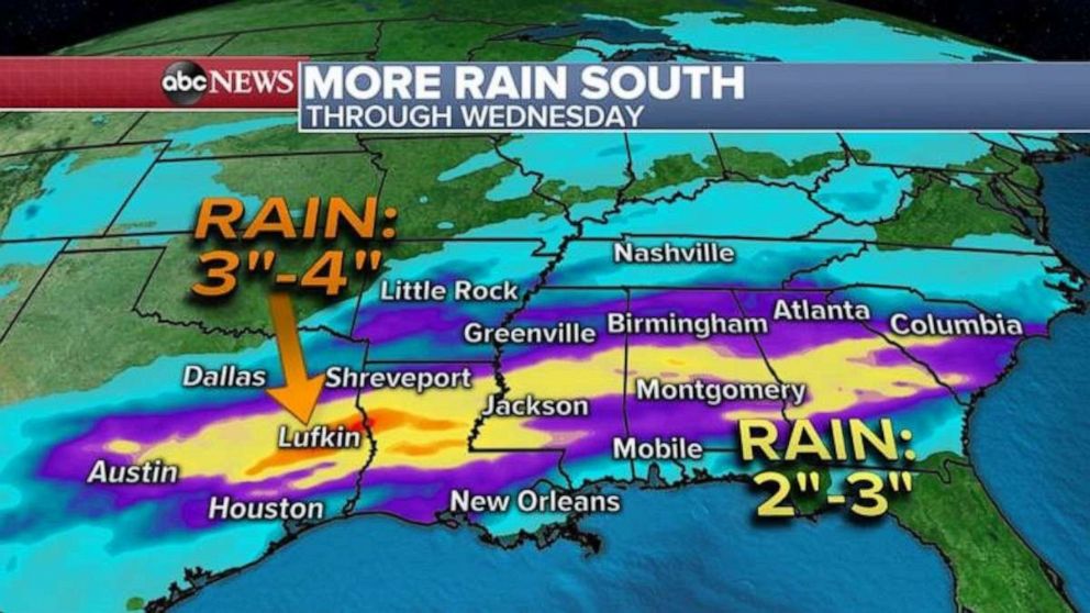 PHOTO: There is a new storm system moving out of the Rockies tonight that will bring heavy rain to most of the South and most areas will see an additional two to three inches of rain with localized amounts of three to four inches.