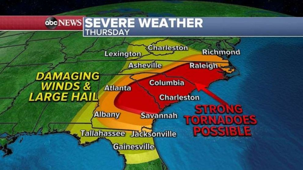 PHOTO: By Thursday afternoon, severe storms will move into the Southeast from Florida to Virginia with the biggest threat for strong tornadoes from Georgia to South and North Carolina.
