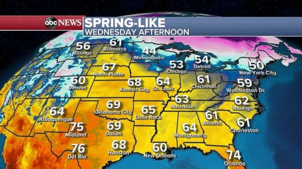 PHOTO: In the Northeast and for most of the country it will feel like spring today with temperatures near 60 in Denver, near 70 in Kansas City, in the 50s for Chicago and new York City and near 60 in Washington, D.C. 
