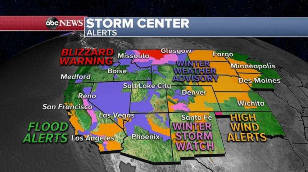 PHOTO: In the West, a storm system is beginning to move across part of the country and is bringing snow, rain and some gusty winds. 
