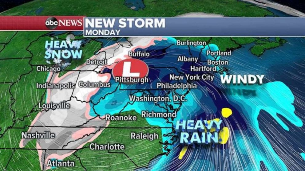 PHOTO: On Monday, as the storm travels up the eastern U.S., it will be invigorated by a cold shot of air coming in from the Midwest and the storm will strengthen somewhere over the Appalachians. 
