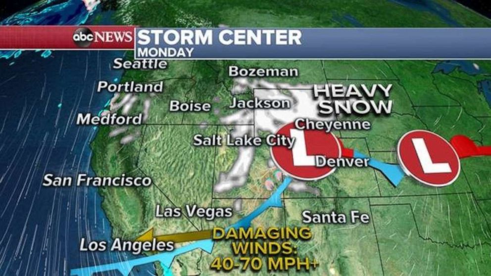 PHOTO: Additionally, heavy mountain snow will spread into parts of the northern Rockies on Sunday and reach the front range of Colorado on Monday. 