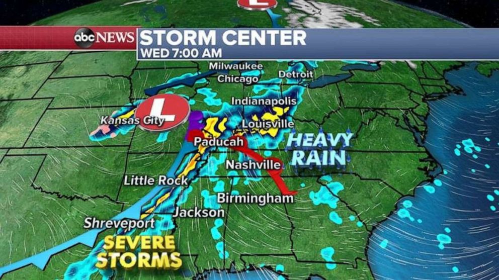 PHOTO: By Wednesday morning as the storm moves east, some of those strong to severe storms will move through parts of Louisiana up through parts of Indiana and Kentucky.
