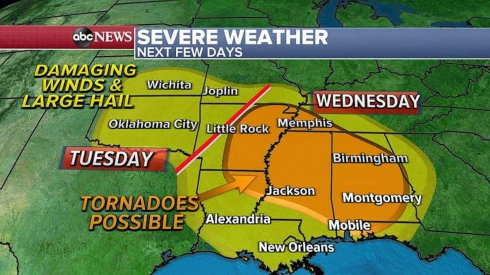 PHOTO: It looks like the worst severe weather day will be Wednesday from Arkansas to Alabama where strong tornadoes are possible. 

