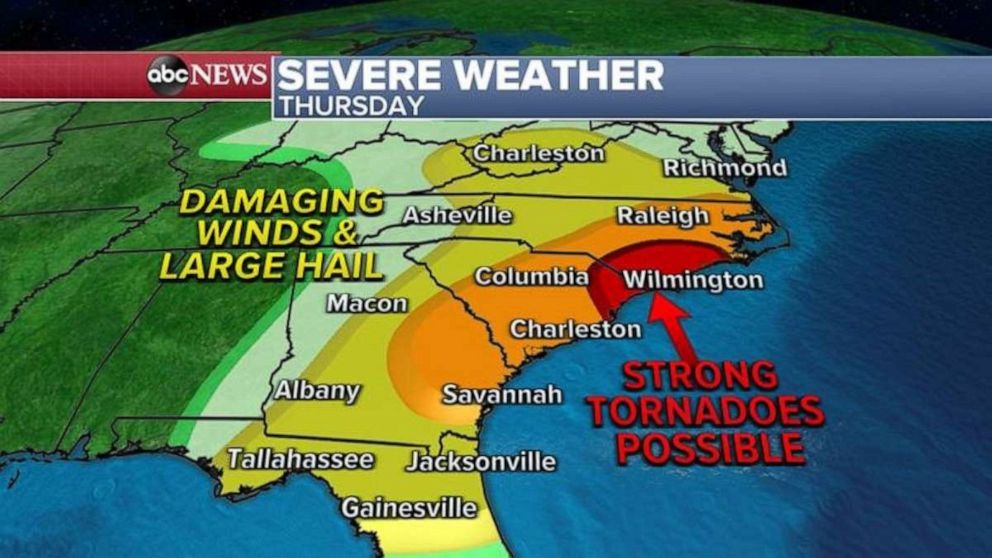 PHOTO: The rest of the Southeast will also see threats for damaging winds and large hail.
