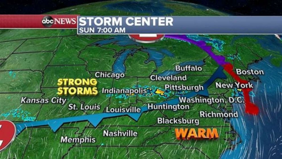 PHOTO: Meanwhile, for the eastern half of the nation, a cold front will slide into the Tennessee Valley and stretch back towards parts of the Northeast today. 
