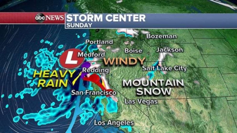 PHOTO: The most intense impacts from this storm system will occur Sunday and last well into Monday. On Sunday, the first wave of precipitation will push further inland and heavy rain and gusty winds will stretch down most of the California coast line.
