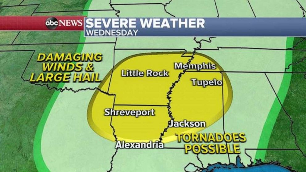 PHOTO: On Wednesday afternoon and evening, a severe weather threat will move into the South including Arkansas, Louisiana, Mississippi, Tennessee and Texas with the biggest threat from these storms being damaging winds, a few tornadoes and large hail.
