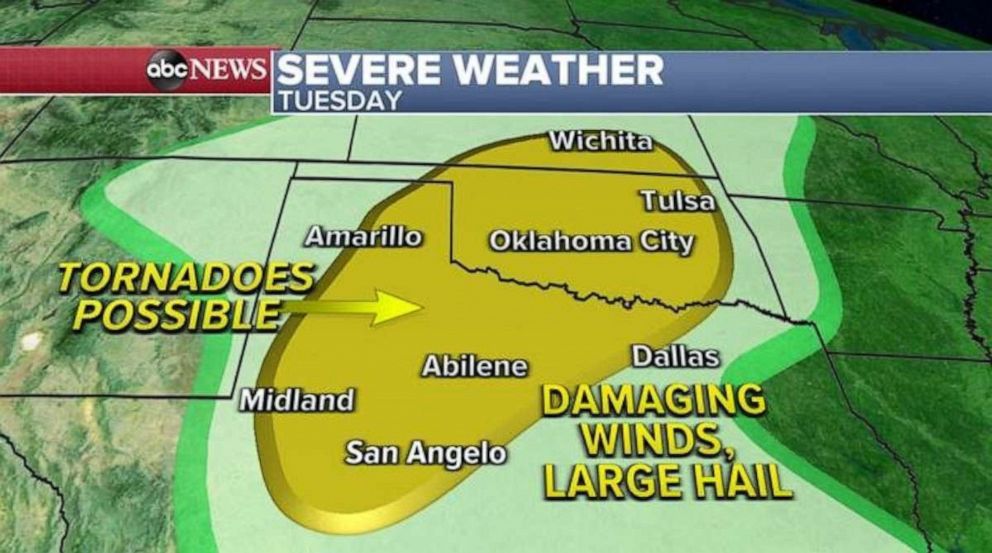 PHOTO: This same storm system that brought all the winds to the Southwest will move into the Plains and parts of the South with more tornadoes, damaging winds and large hail threats on Tuesday.
