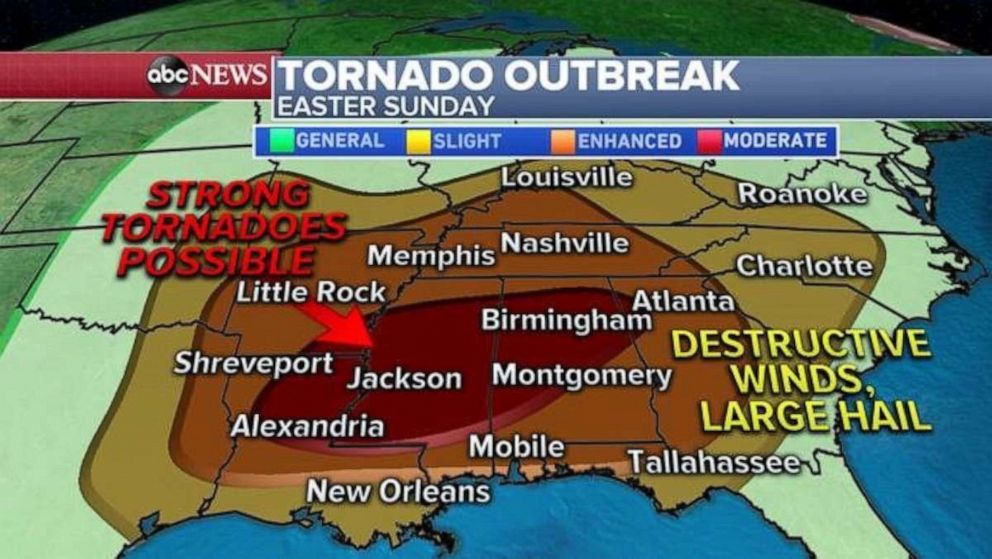 PHOTO: The storm prediction center has issued a rather large moderate risk area from Louisiana to Alabama. Additionally, there is a very real concern for destructive straight-lined winds, especially across parts of Arkansas, Tennessee and Kentucky.  