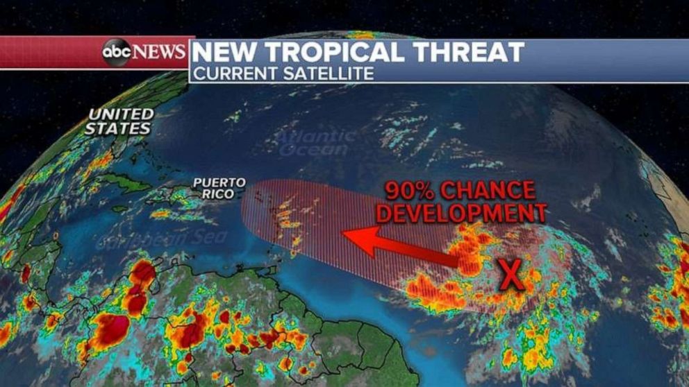 PHOTO: Now, attention turns to the East where a new tropical system is developing in the Atlantic and, in the next 24 hours, it could become a tropical depression or a tropical storm. If it becomes a tropical storm it would be Isaias.