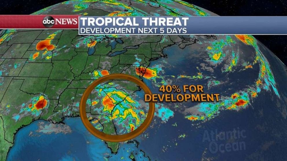 PHOTO: A tropical system is trying to develop in the Southeast and, at the moment, the National Hurricane Center is giving it a 40% chance to develop into a Tropical Depression or a Tropical Storm late this week as it moves off the coast of the Carolinas.