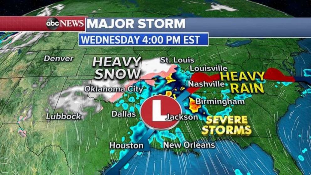 PHOTO: To the East, heavy rain and severe storms are expected from New Orleans, Louisiana, to Birmingham Alabama, where damaging winds and a few tornadoes are possible. 
