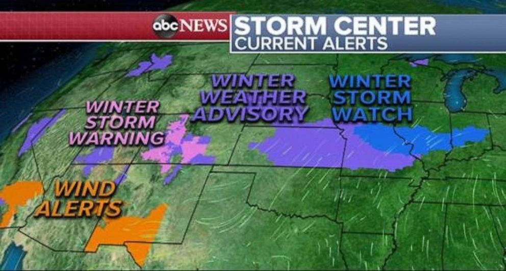 PHOTO: Several weather alerts are in place this morning from the plains to the west coast with winter related weather alerts in effect for 16 states.