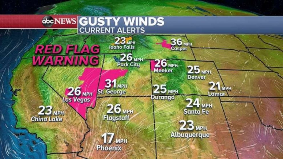 PHOTO: There are still four states from Nevada to Wyoming with Red Flag Warnings where winds could gust near 35 mph and relative humidity could drop as low as 5%. 