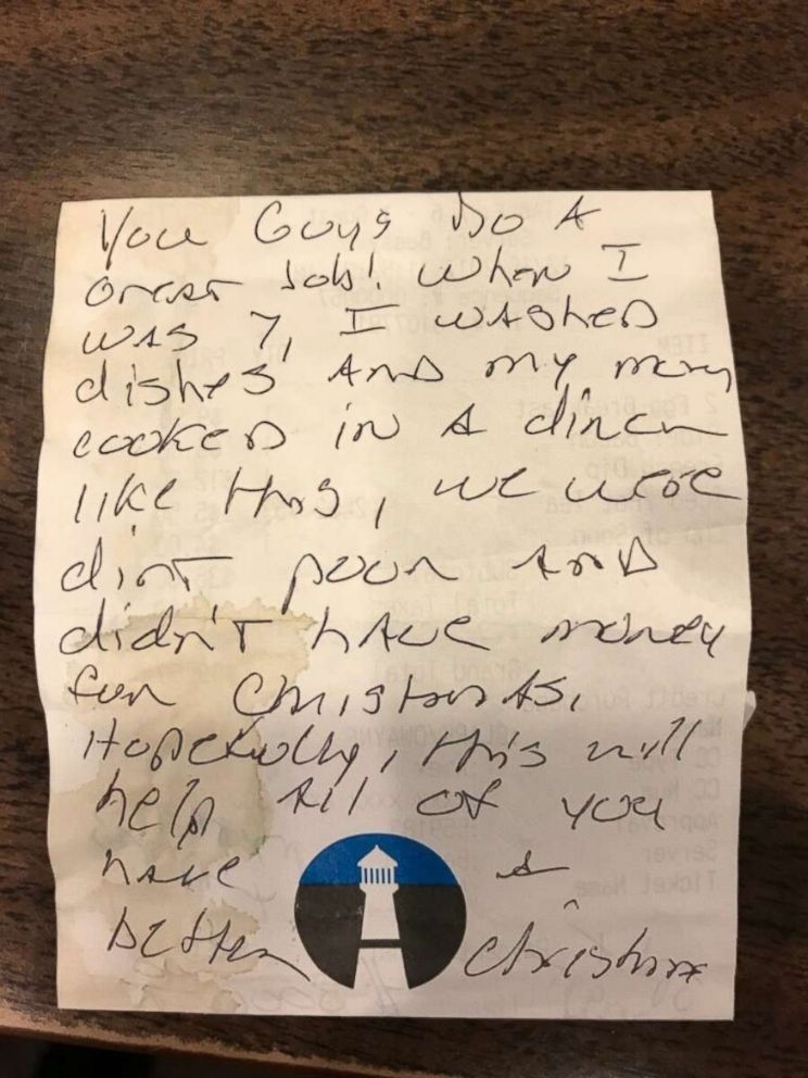 PHOTO: On the receipt Dwayne Clark wrote, "You guys do a great job! When I was 7, I washed dishes and my mom cooked in a diner like this, we were dirt poor and didn't have money for Christmas. Hopefully, this will help all of you have a better Christmas."
