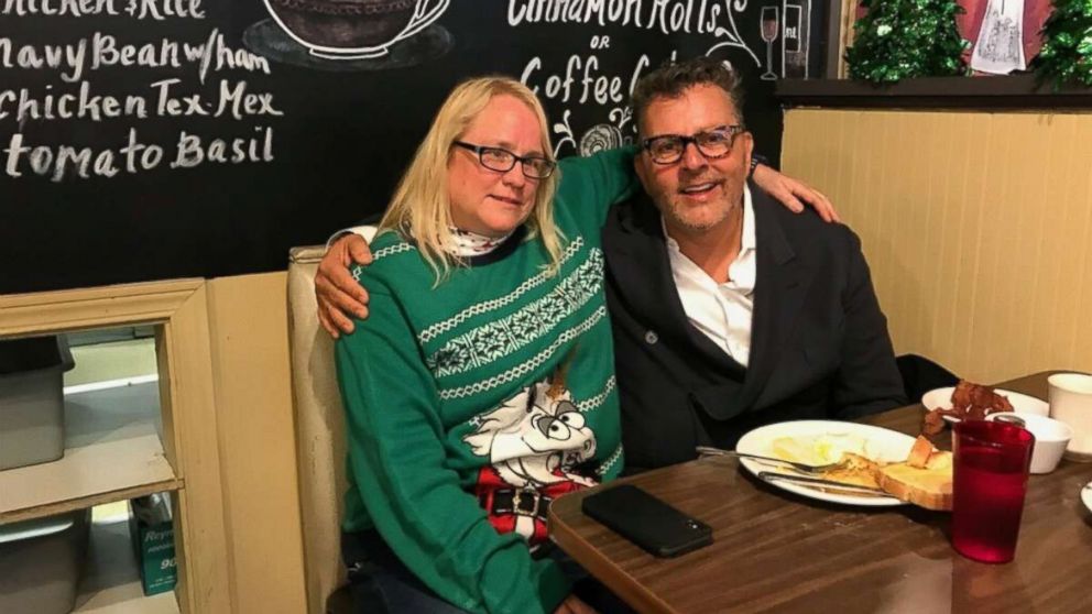PHOTO: Dwayne Clark, CEO of Aegis Living, and Julie Welsand, a waitress at the Brief Encounter Cafe, on Dec. 18th, 2017, when Clark went back to visit the diner staff after he left a $3,000 dollar tip for their hard work around the holidays.
