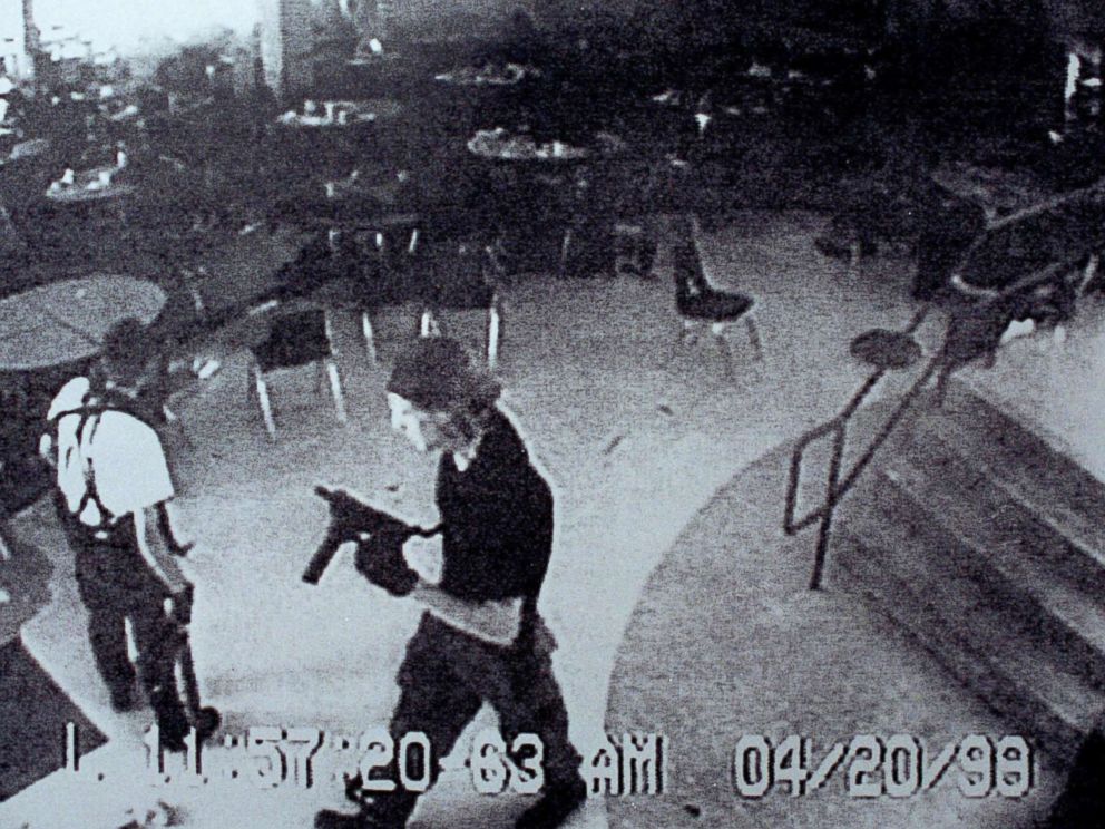 PHOTO: Columbine high school shooters Eric Harris, left, and Dylan Klebold appear on a surveillance tape in the cafeteria at Columbine High School April 20, 1999 in Littleton, Colorado.