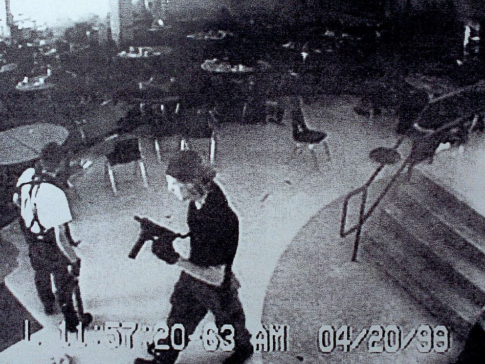 PHOTO: Columbine high school shooters Eric Harris, left, and Dylan Klebold appear on a surveillance tape in the cafeteria at Columbine High School April 20, 1999 in Littleton, Colorado.