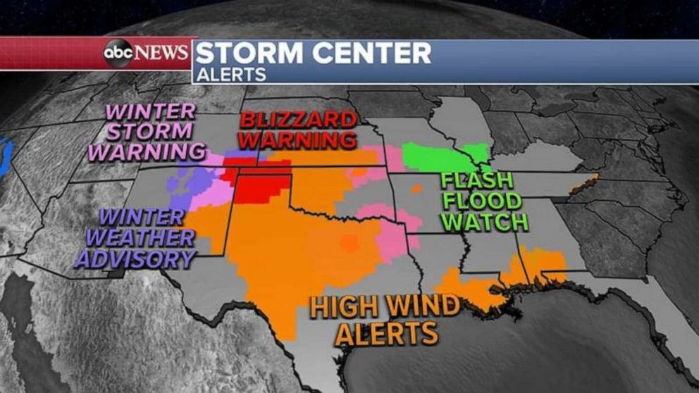 PHOTO: On Wednesday morning, more than a dozen states are under snow, flood and high wind alerts. 
