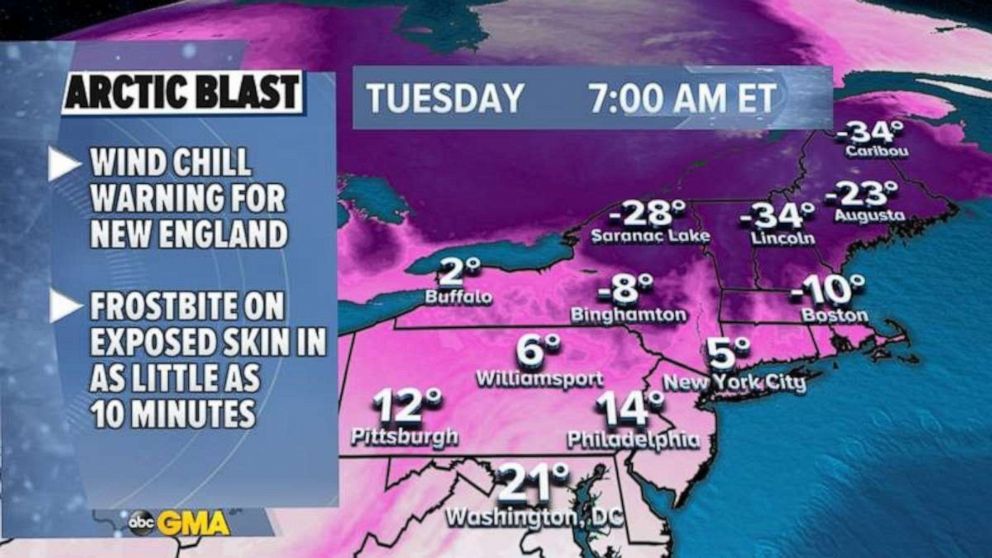 PHOTO: Wind Chills this morning are below zero from upstate New York to Boston and into New England.
