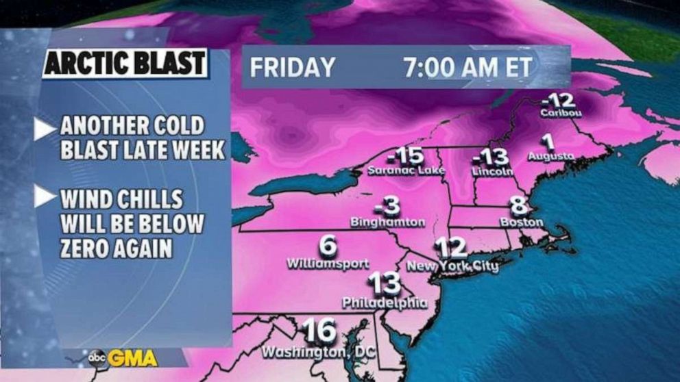 PHOTO: The cold air will return to the Northeast by Thursday night and into Friday with wind chills once again dropping below zero in upstate New York and New England.
