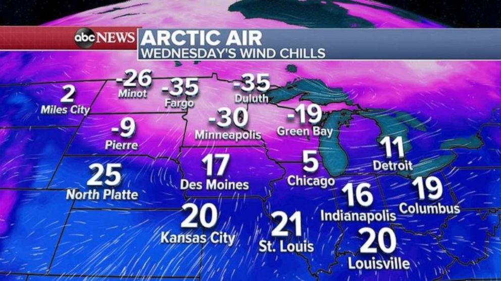 PHOTO: Actual temperatures will be below zero across the Upper Midwest. Some of this cold air will move into the Northeast Wednesday, but it is not expected to be as cold as the Midwest.
