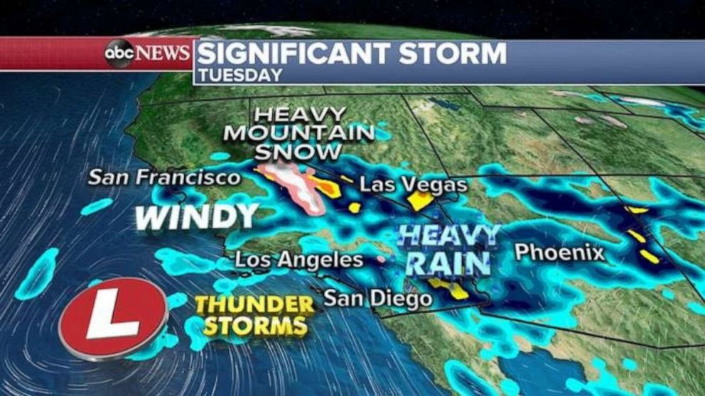 PHOTO: Heavy rain will move into parts of southern California, and locally 2 to 3 inches will be possible. 