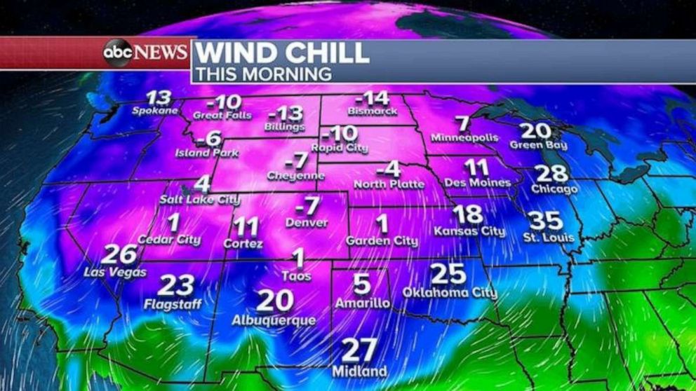 PHOTO: This morning’s wind chills are in the 20s all the way to Oklahoma and the Texas panhandle.
