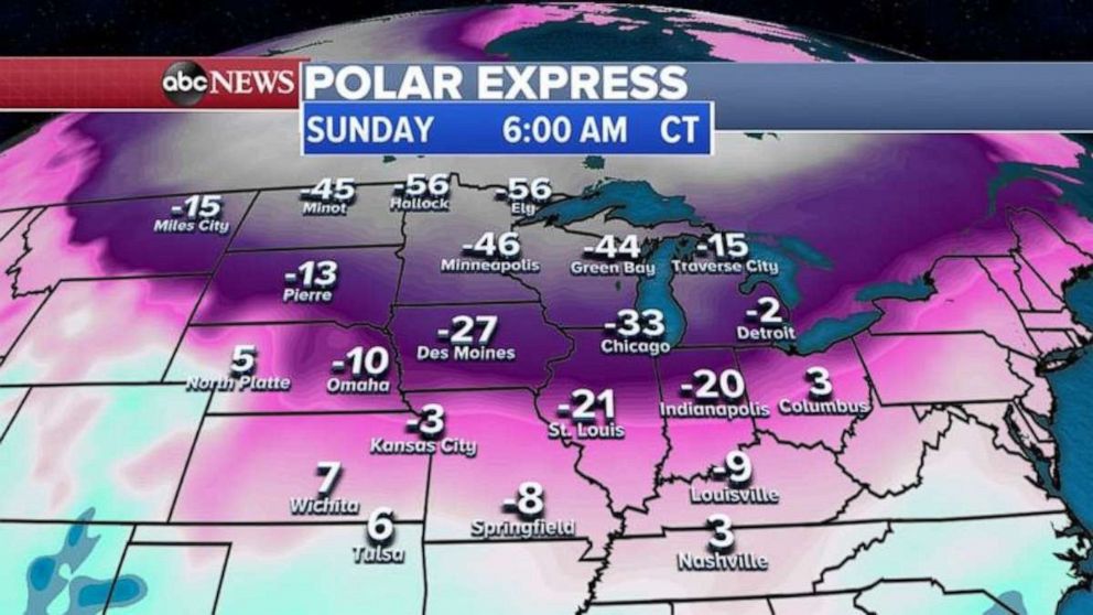 PHOTO: By Sunday, wind chills in the Upper Midwest and the Great Lakes will be in the 30s, 40s and even 50s below zero.
