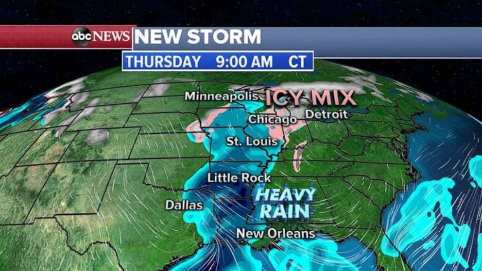 PHOTO: This storm will cross the Rockies tomorrow and is expected to bring an icy mix of snow, sleet and freezing rain to the Midwest and the Great Lakes on Thursday and Friday with heavy rain in the South. 