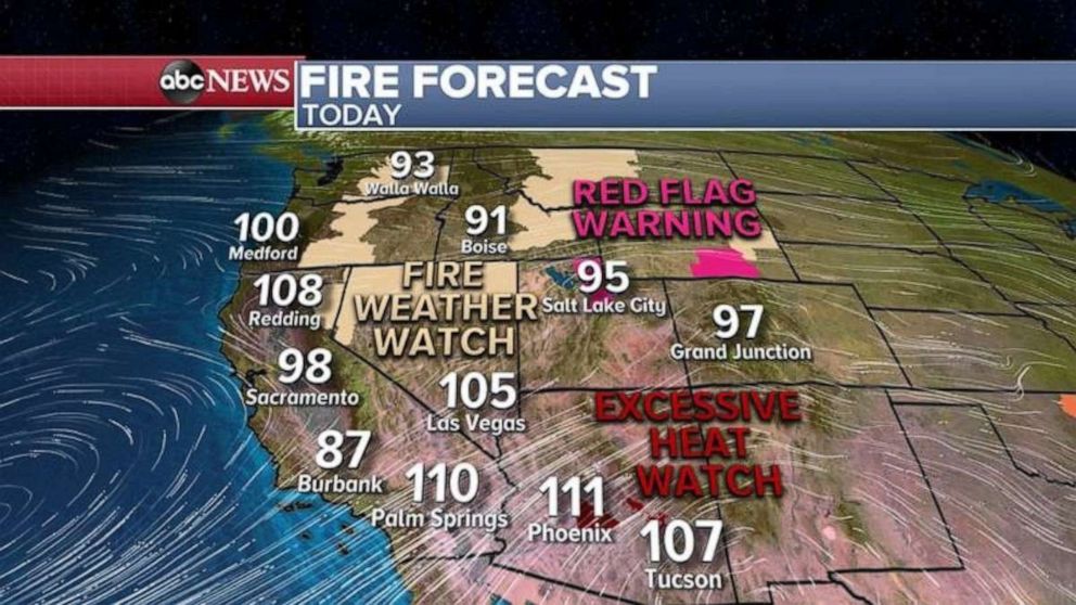There are also numerous fire weather watches and Red Flag Warnings issued from Washington down to California and east to Wyoming with erratic winds from thunderstorms. 