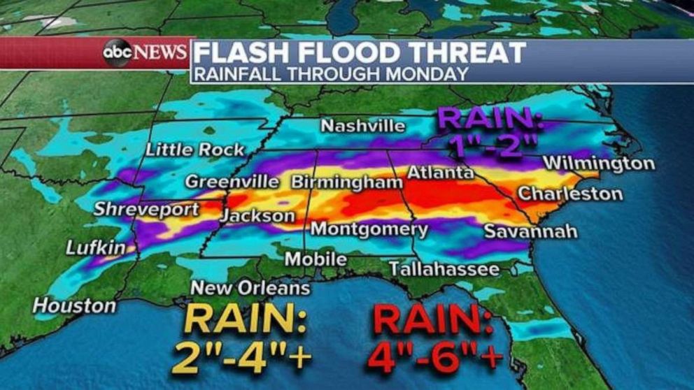 PHOTO: The storms are expected to bring torrential rain with the bullseye over Alabama and Georgia. Locally, 4 to 6 inches of rain will be possible in some of the storms and flash flooding is expected. 