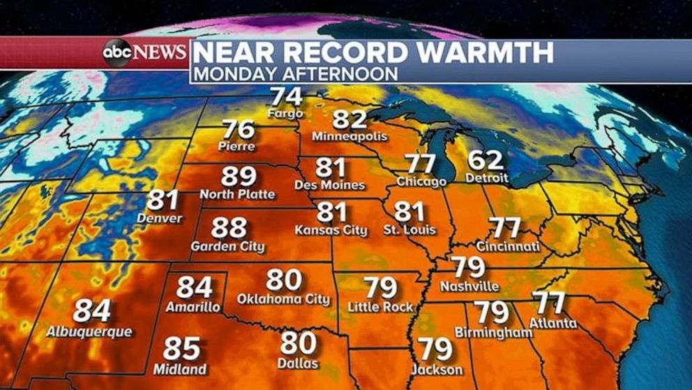 PHOTO: Additionally, more record highs are possible today, especially in the Central U.S. with temperatures in the 80s possible all the way to Minneapolis, Minnesota.
